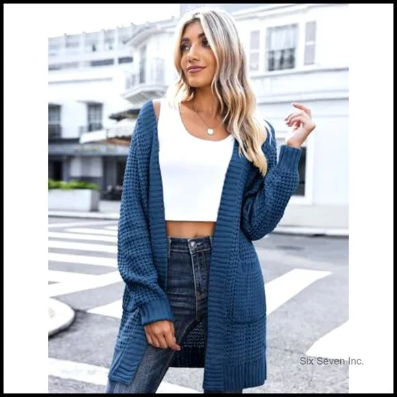 Oversized Chunky Knit Cardigan Batwing Sleeves Open Front Cozy Sweater - Picture 3 of 7